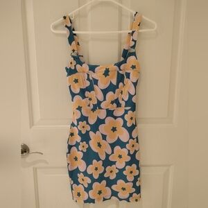 Princess Polly Groovy Floral Blue and Yellow Dress 70s Style Corset